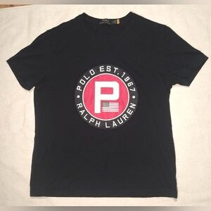 POLO Ralph Lauren Dark Blue Big Embroidery Plate USA Flag T-Shirt - men'…